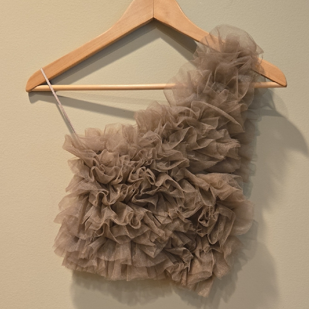 Zara NWT Elegant Brown Ruffled Asymmetrical Top SMALL
